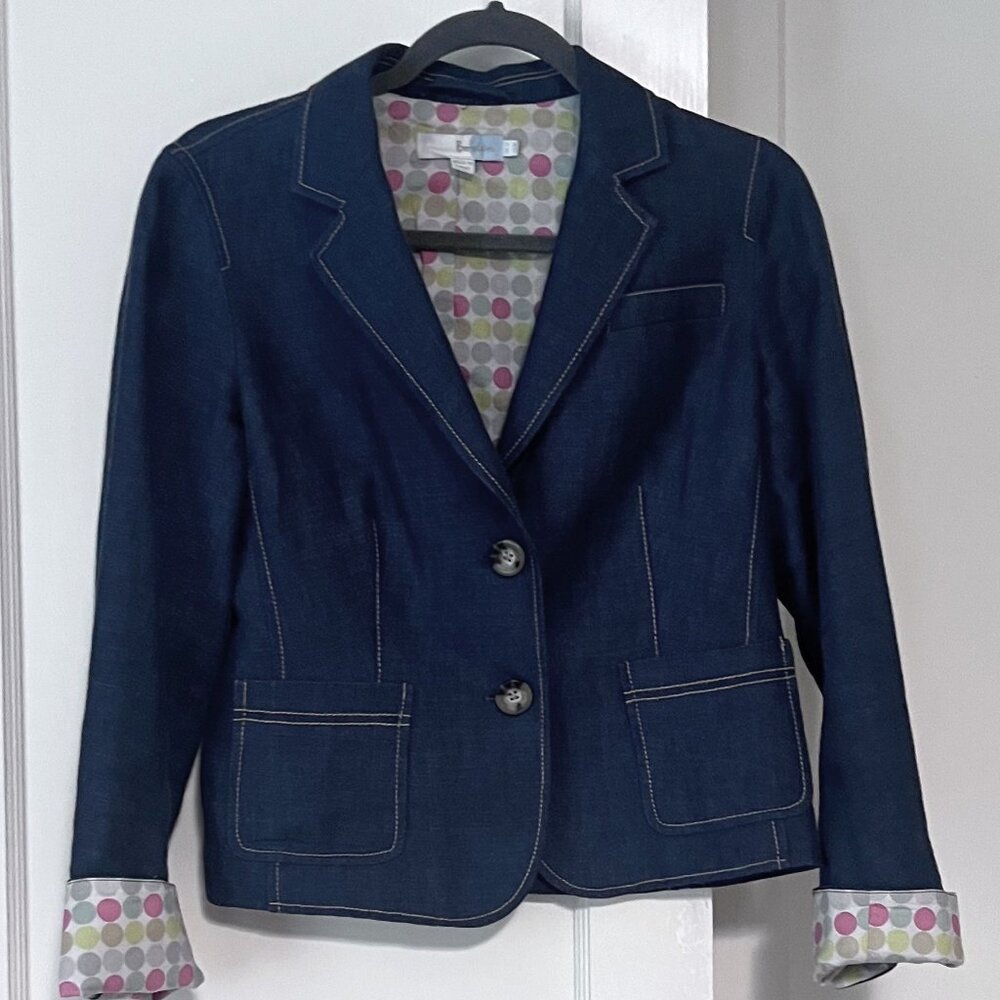 Boden, denim, cropped jacket with polka dot liner